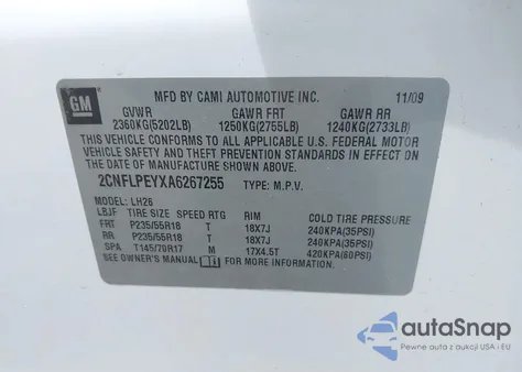 2010 Chevrolet Equinox Lt z USA, uszkodzony, nr VIN 2CNFLPEYXA6267255